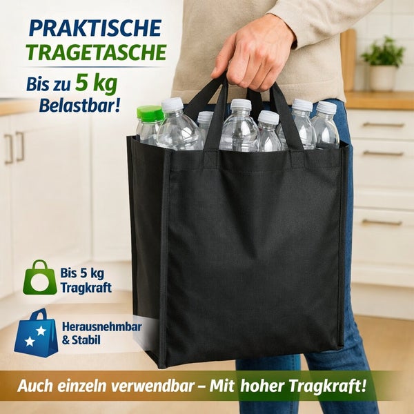 Person haelt eine praktische Tragetasche mit 5 Kilogramm Tragkraft, gefuellt mit Kunststoffflaschen in einer Kueche.