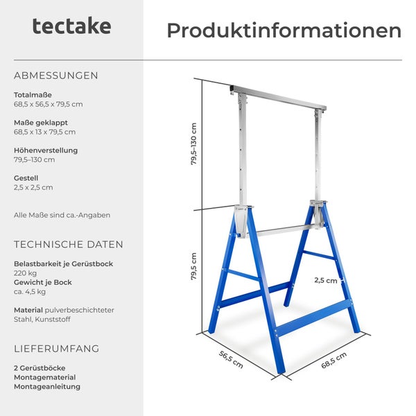 Infografik mit tectake Logo: 2 blaue Gerüstböcke, höhenverstellbar 79,5 bis 130 Zentimeter, Maße 68,5 mal 56,5 Zentimeter, Traglast 220 Kilogramm.