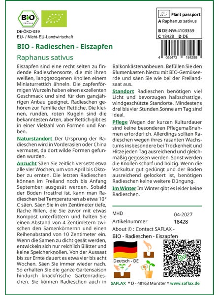 SAFLAX Garden in the bag - BIO - Radieschen - Eiszapfen - Raphanus sativus - 100 Samen - Mit Anzuchtsubstrat im praktischen, selbst aufstellenden Beutel