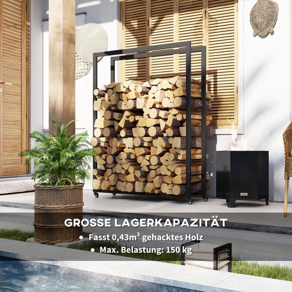 Outsunny Kaminholzregal, mit Rollen, für Indoor, Outdoor, 120 x 32 x 151 cm, Metall, Schwarz