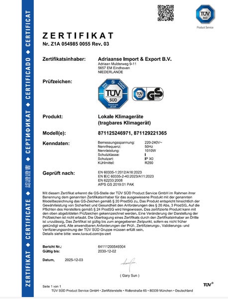 Zertifikat von TÜV SÜD für ein tragbares Klimagerät mit dem Prüfsiegel für geprüfte Sicherheit.