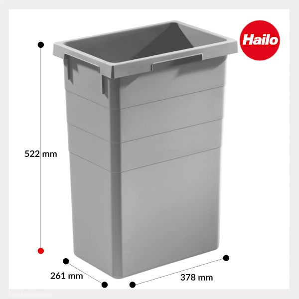 Grauer Hailo Mülleimer aus Kunststoff mit den Maßen 522 Millimeter Höhe, 378 Millimeter Länge und 261 Millimeter Breite. Hailo Logo.