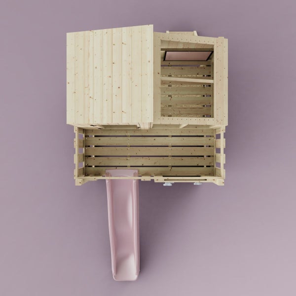 Spielhaus aus Holz mit Rutsche