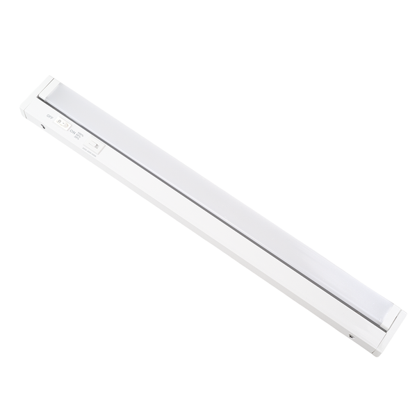 Flache weiße LED-Unterbauleuchte mit Schalter für Ein und Aus, Dimmfunktion sowie einstellbarer Farbtemperatur.