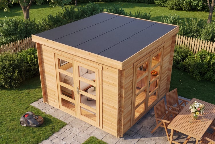 Modernes Gartenhaus aus Holz mit Pultdach, Glastüren und Fenstern in einem hellen Garten mit Terrasse.