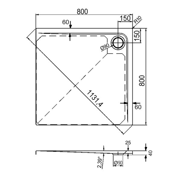 Technische Zeichnung einer quadratischen Duschwanne mit den Maßen 800 mal 800 Millimeter und einem Ablaufdurchmesser von 90 Millimetern.