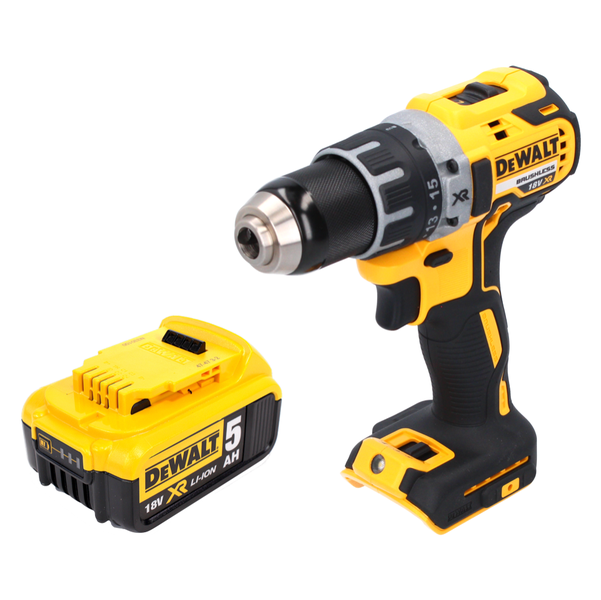DeWalt Akku-Bohrschrauber bürstenlos 18 Volt gelb schwarz mit 5 Amperestunden XR Lithium-Ionen-Akku.