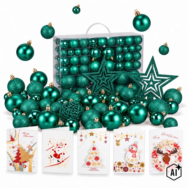 Set aus Christbaumkugeln und Sternen in Aufbewahrungsbox sowie fünf Weihnachtskarten