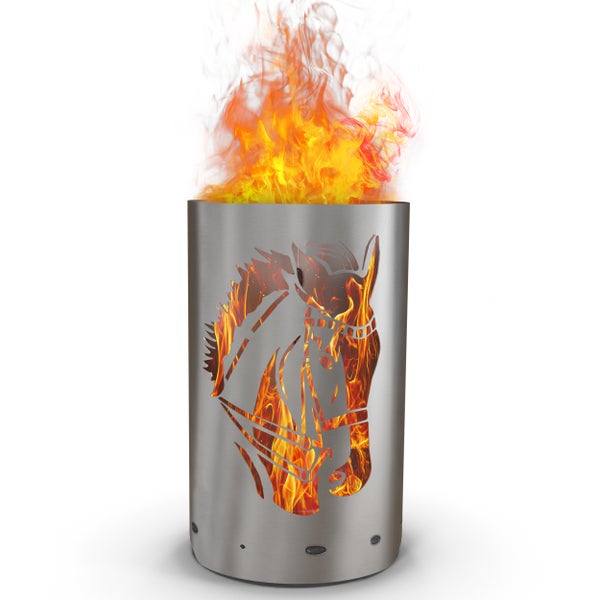 Feuersäule aus Stahl mit Pferdekopfausschnitt und Flammen