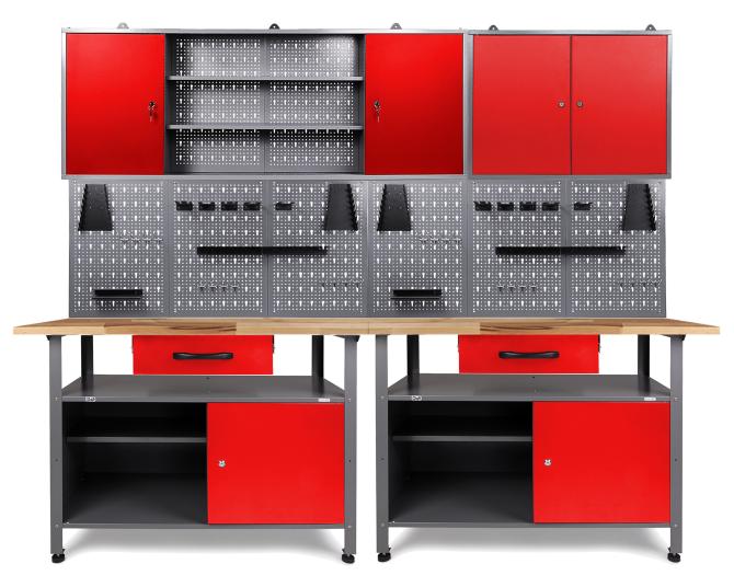 Werkbank mit Lochwand und Schränken für die Werkstatt