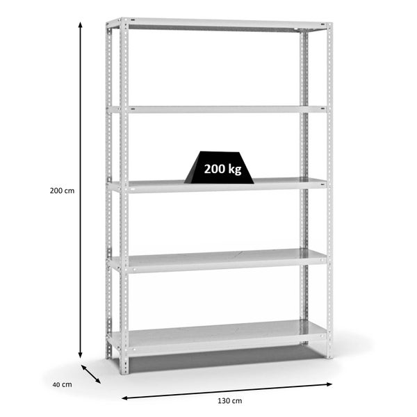PROREGAL Fachbodenregal Schraubsystem Medium-Duty Grundregal HxBxT 200 x 130 x 40 cm 5 Ebenen Fachlast 200 kg Beidseitig Nutzbar Lichtgrau