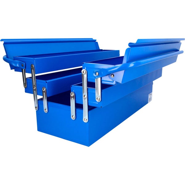 Offener, blauer Werkzeugkasten aus Metall mit mehreren Fächern.