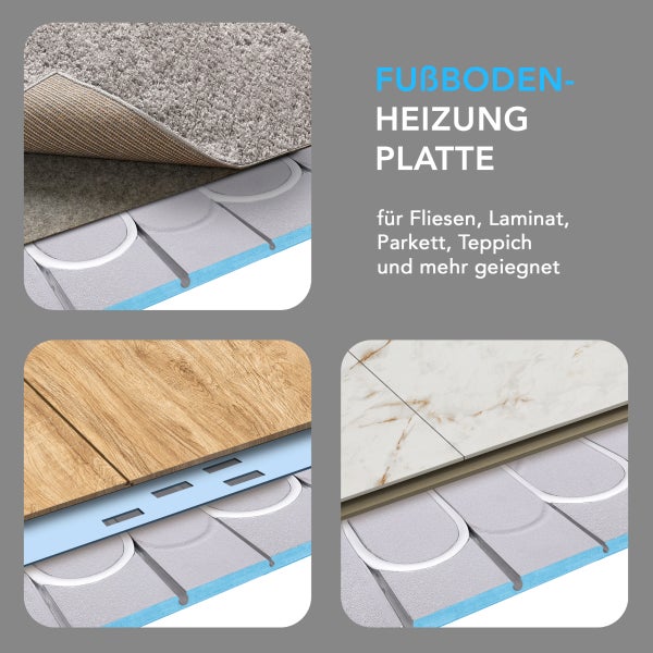 Fußbodenheizungsplatte geeignet für Bodenbeläge wie Teppich, Laminat, Parkett und Fliesen in der Detailansicht.