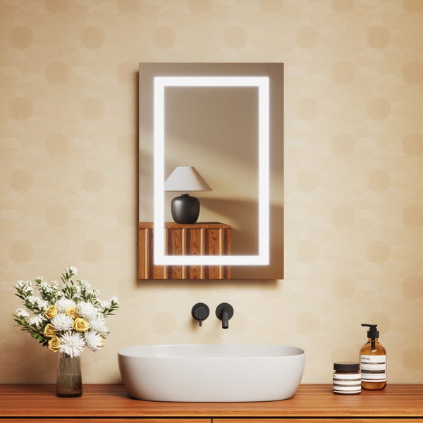 EMKE Badspiegel mit Beleuchtung 60x40 cm, Kaltweiß/Warmweiß, LED-Spiegel mit Kippschalter, Anti-Beschlag, IP44, flexibel montierbar, für Badezimmer