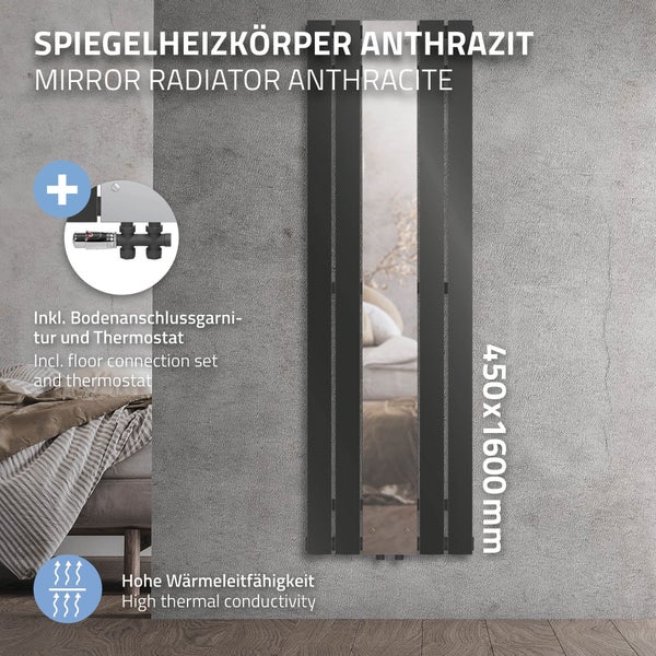 ML-Design Badheizkörper Flach Mittelanschluss 1600x450mm Anthrazit Spiegel Bodenanschlussgarnitur Durchgangsform Multiblock Thermostat Design Paneelheizkörper Vertikal Spiegelheizkörper Glasheizkörper