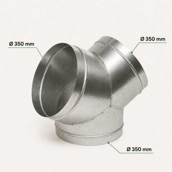 Hosenstück aus verzinktem Stahl für Lüftungsrohre mit drei Anschlüssen, jeweils mit einem Durchmesser von 350 Millimetern.