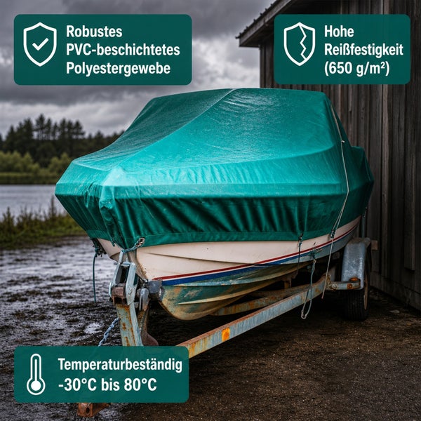 Ein Motorboot auf einem Anhänger, abgedeckt mit einer reißfesten, PVC beschichteten Polyesterplane mit hoher Temperaturbeständigkeit.