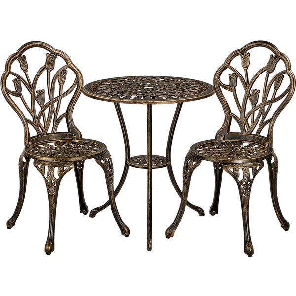 Dreiteiliges Garten-Bistro-Set aus Metall mit Rundtisch und zwei Stühlen, verziert mit Tulpenornamenten.