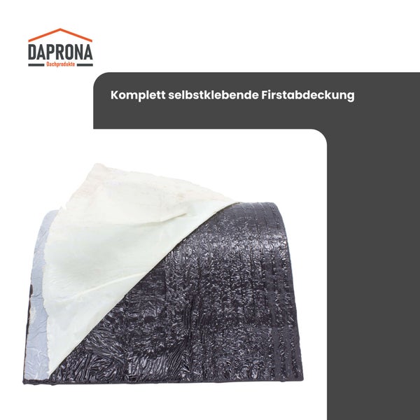 Daprona Logo. Selbstklebende Firstabdeckung für den Dachfirst, flexible Dichtungsrolle mit strukturierter Oberfläche.