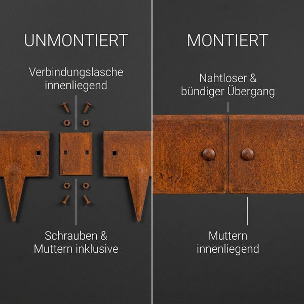 Montageanleitung für Rasenkante aus Edelrost mit innenliegender Verbindungsplatte, Schrauben und Muttern für einen bündigen Übergang.