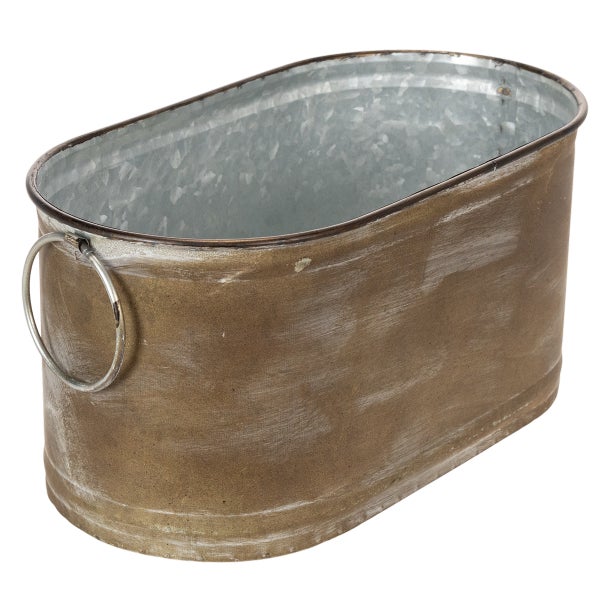 Ovaler Pflanztopf aus Metall mit Ringgriffen und braunem Vintage-Finish.