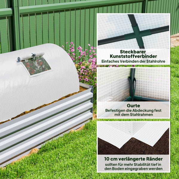 Outsunny Gewächshaus mit Rollfenster Runddach, winterfest Foliengewächshaus aus Stahl wasserabweisend Treibhaus für Balkon Tomatenhaus mit UV schutz 300x80x45cm Tomatengewächshaus für Gemüse, Weiß