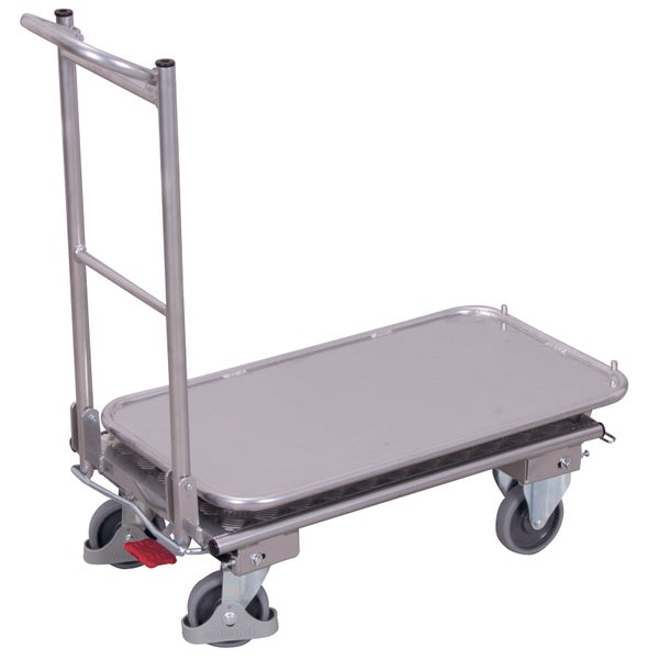 Silberfarbener Plattformwagen aus Metall mit klappbarem Schiebebügel und vier Rollen.