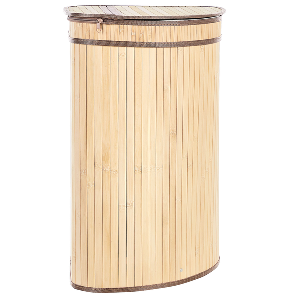 Bambus Wäschekorb mit Deckel, halbrunde Form aus natürlichen Bambuslamellen.
