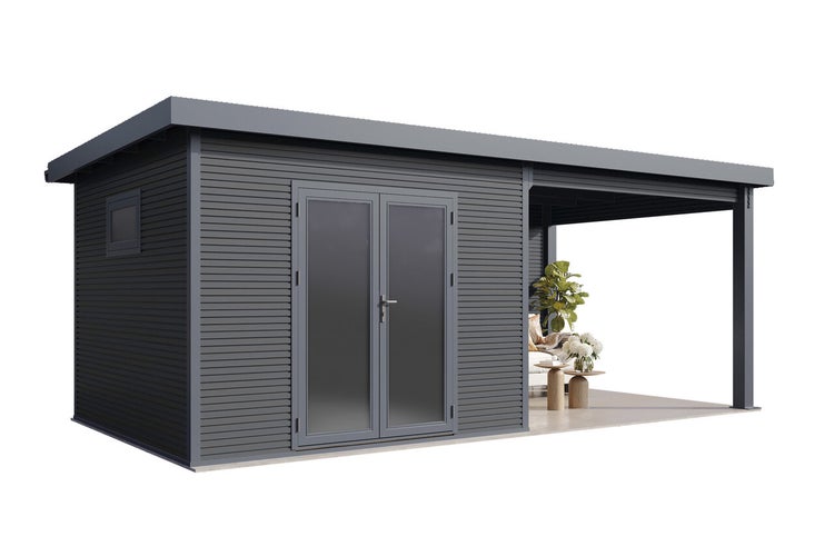 Modernes Gartenhaus aus Holz mit Pultdach, Doppeltür mit Glaseinsatz und seitlichem Terrassenbereich, ideal als Lounge oder für den Garten.