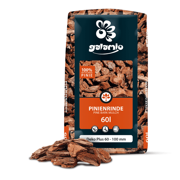 Galamio Pinienrinde Deko Plus 60 bis 100 mm, 60 Liter Sack. Verhindert Unkraut, schützt vor Austrocknung und ist langlebig. Galamio Logo.