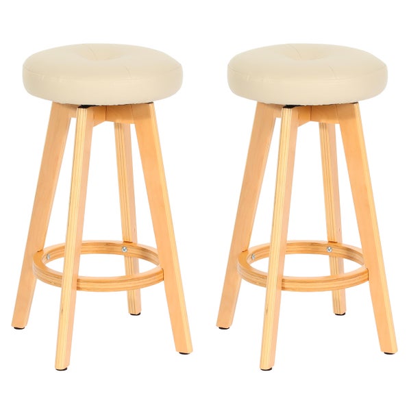 Zwei Barhocker mit rundem Sitz und Holzbeinen