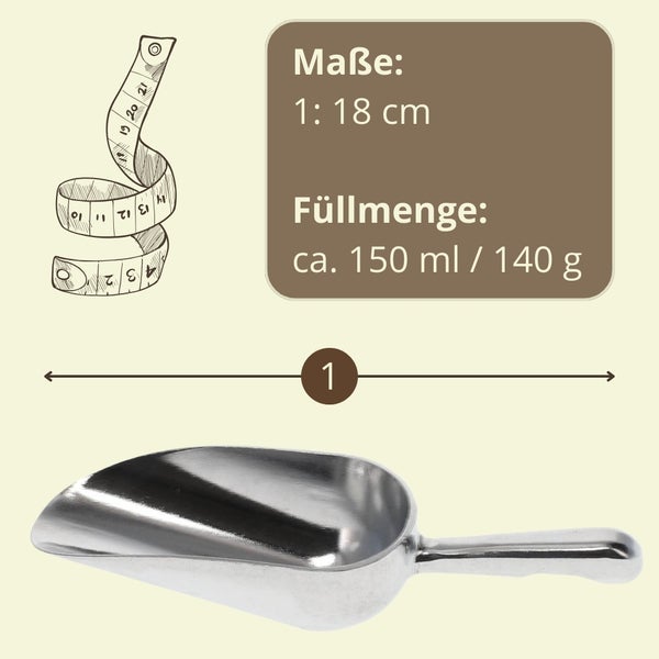 Dosierschaufel aus Metall, circa 18 cm lang, Füllmenge circa 150 ml oder 140 g