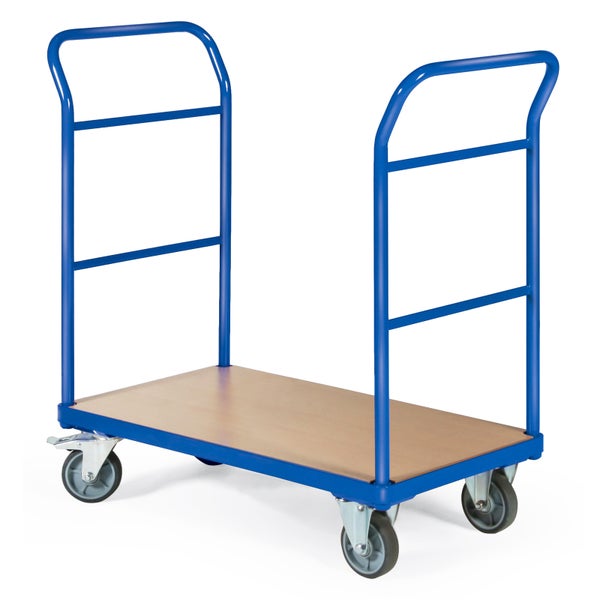 Blauer Transportwagen mit Holzplatte und vier Rollen