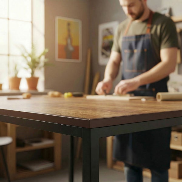 Handwerker arbeitet an einem großen Holztisch mit Metallgestell in einer hellen Werkstatt.