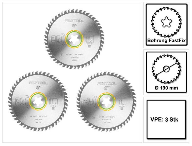Festool 3x Feinzahn Kreissägeblatt HW 190 x 2,4 mm xFF W48 190 mm 48 Zähne FastFix ( 3x 492050 )