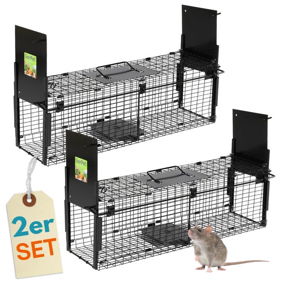 Zwei Lebendfallen für Mäuse aus Draht mit Köderplattform und einem Hinweisetikett 2er Set.