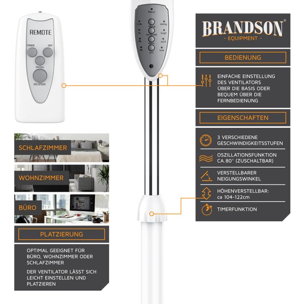 Brandson Standventilator 50W mit Standfuß höhenverstellbar, Ventilator mit Fernbedienung, Neigungswinkel 30°, 3 verschiedene Geschwindigkeitsstufen