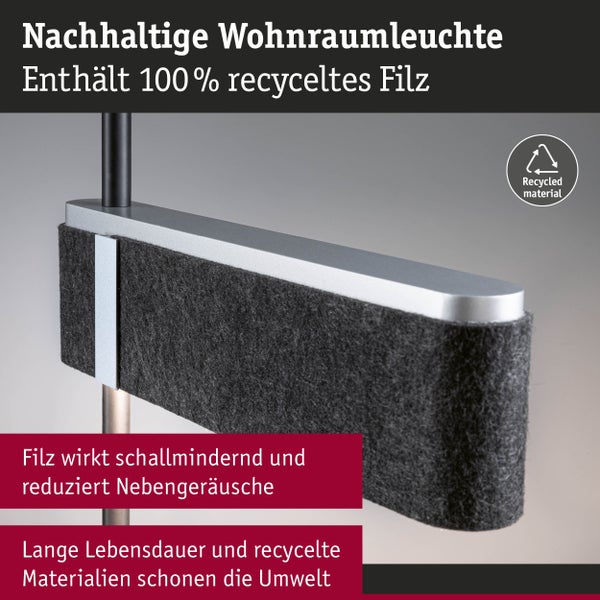 Nachhaltige Wohnraumleuchte aus 100 Prozent recyceltem Filz, schallmindernd, Symbol für recyceltes Material.