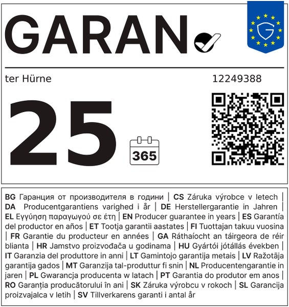 Garantiehinweis für ter Hürne Produkte mit 25 Jahren Herstellergarantie inklusive QR Code für weitere Informationen.