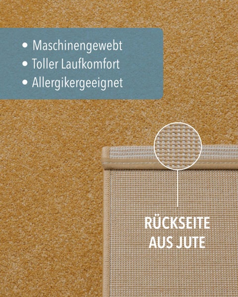 Maschinengewebter Teppich mit hohem Laufkomfort, geeignet für Allergiker und einer Rückseite aus Jute.