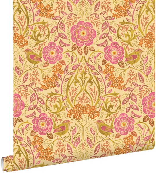 Tapetenrolle mit Blumen-, Vogel- und Beerenmuster