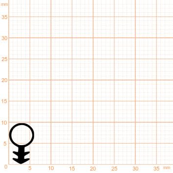 Dichtungsprofil mit kreisförmigem Kopf und gezacktem Fuß, Höhe etwa 8 Millimeter, auf Millimeterpapier.