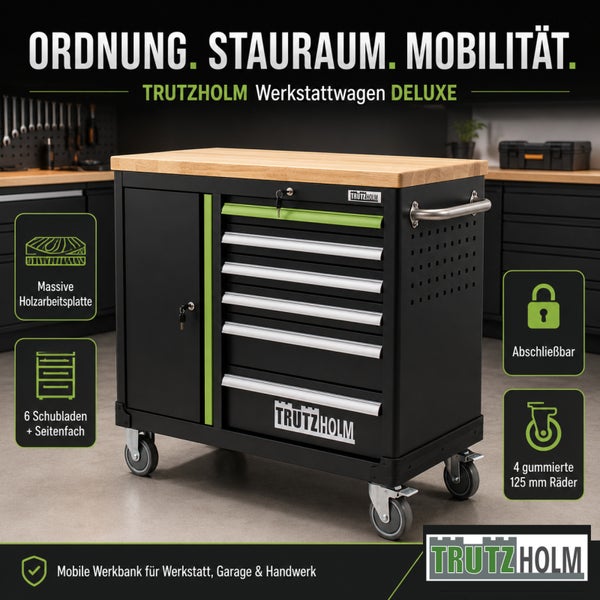 Trutzholm Werkstattwagen Deluxe mit massiver Holzarbeitsplatte, sechs Schubladen, einem Seitenfach, abschließbar, auf vier gummierten 125 Millimeter Rädern.