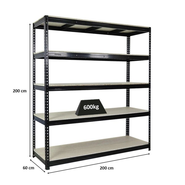 PROREGAL Profi Schwerlastregal Bison HxBxT 200 x 200 x 60 cm 5 Spanplatten-Ebenen 16mm Fachlast 600 kg Schwarz