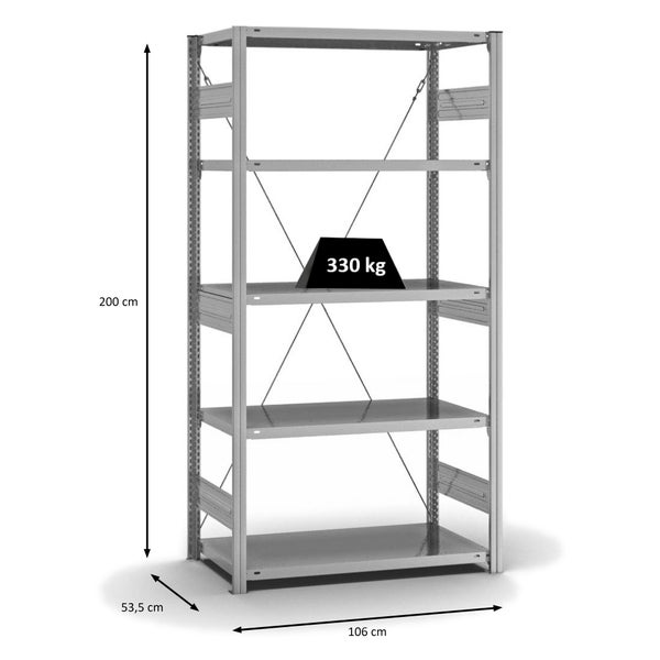 PROREGAL Fachbodenregal Stecksystem T-Profil Heavy-Duty Grundregal HxBxT 200 x 100 x 50 cm 5 Ebenen Fachlast 330 kg Einseitig Nutzbar Verzinkt