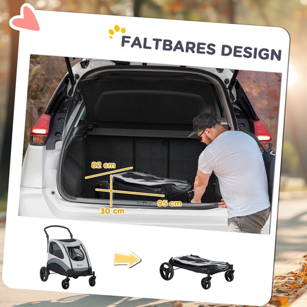 PawHut Hundewagen Hundetrolley Hundebuggy Pet Stroller mit 4 Rädern Katzenbuggy für kleine und mittelgroße Hunde Katzen Netzfenster Seitentasche faltbar Oxfordstoff Grau+Schwarz 107 x 67 x 102 cm