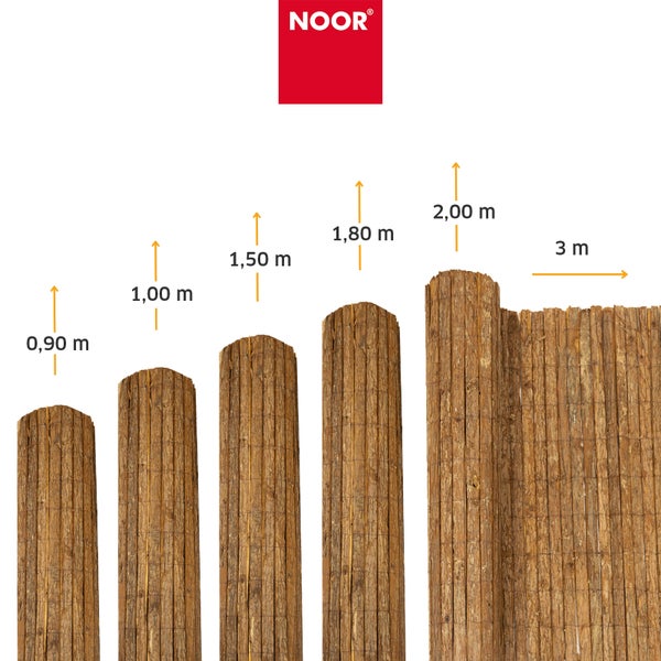Noor Logo und verschiedene Höhenoptionen von Rindenmatten als Sichtschutz