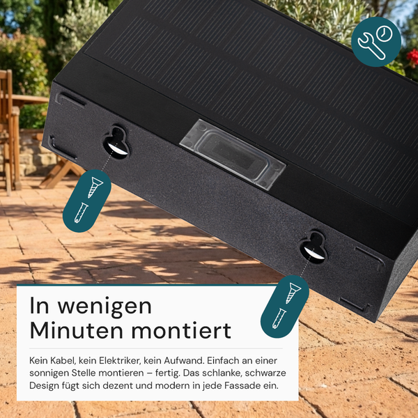 Schwarze Solar-Wandleuchte Rückansicht mit Montageöffnungen und Symbolen für einfache Installation ohne Kabel auf einer Terrasse.