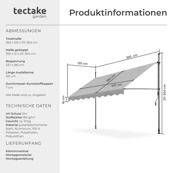 tectake garden Logo und Produktinformationen zur Klemmmarkise, Maße 350 mal 120 Zentimeter, technische Daten zu UV-Schutz und Material.