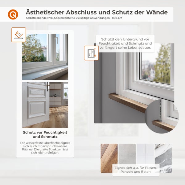 Infografik zu selbstklebender PVC-Abdeckleiste als Wandschutz für Fenster und Türen mit Hinweisen zu Feuchtigkeitsschutz und Untergrundmaterialien.